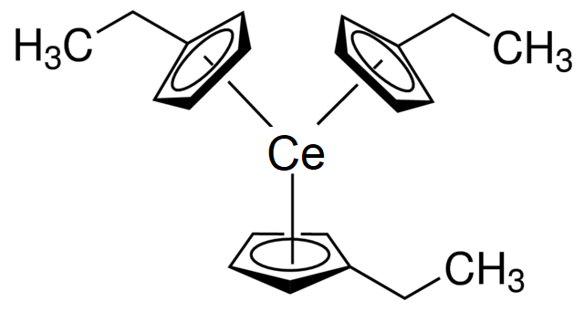 Tris(ethylcyclopentadienyl)cerium(III) - CAS:627876-95-3 - Ce(EtCp)3, Tris(ethylcyclopentadienyl)cerium(III), Tris(2-ethyl-2,4-cyclopentadienyl) cerium